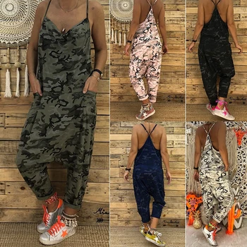 Women Camo Printed Clubwear Playsuit Bodysuit Party Jumpsuit Romper Camouflage Strap Pocket Harem Long Trousers Loose Overalls 1