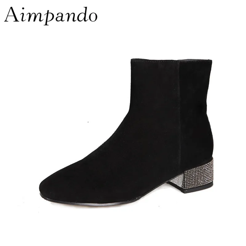 

Side Zipper Ankle Boots Women Round Toe Black Suede Jewelled Square Heel 9cm Chunky Heel Autumn Short Booties