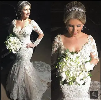 

Sexy Tulle Mermaid white champagne lace Wedding Dresses Vestido De Noiva 2017 Full Sleeves Appliqued Lace Pearls Wedding Dress