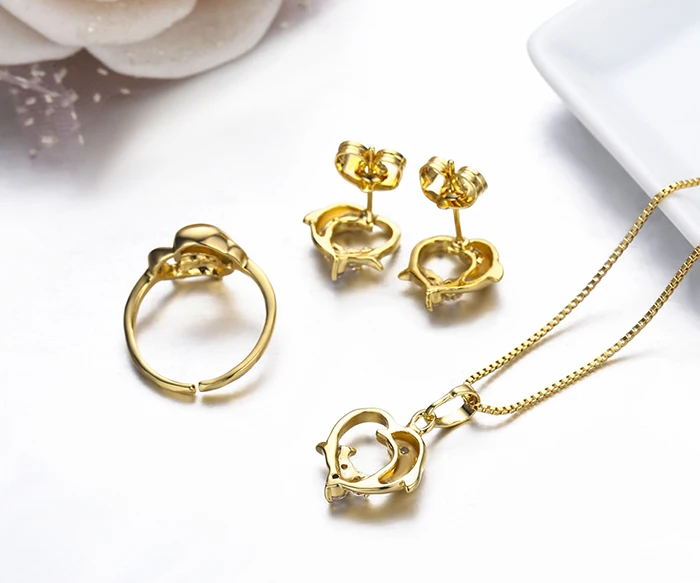 Children Girls Baby Kids Jewelry Sets Yellow Gold Color Dolphin Heart Charm Pendant Necklace Stud Earrings Ring Festa Jewellery