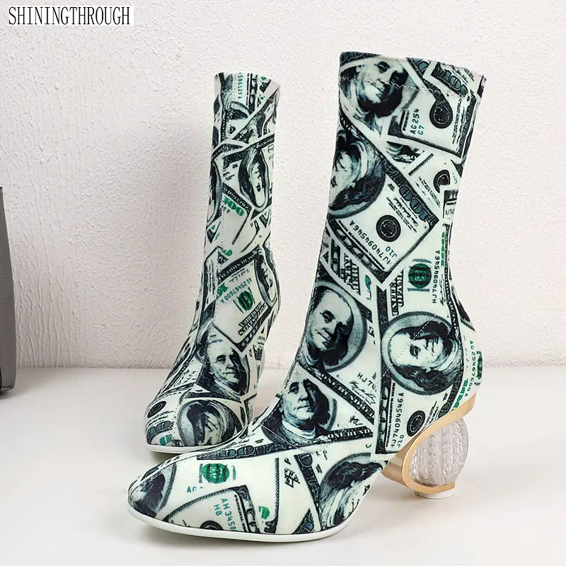 

2019 Spring Autumn New Round Toe Strange Style Women ankle Boots Fashion Print Flock Party Casual Shoes Woman large size 34-43