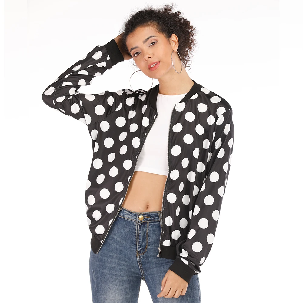 

2019 Spring Women's Casual Jackets Retro Dot Print Zipper Casual Long Sleeve Bomber Outwear Plus Size Chaquetas Mujer 2019