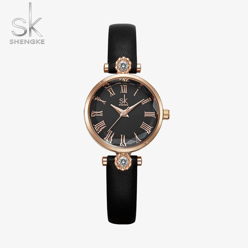 

Fashion Women Watches Rhinestone Luxury SHENGKE Brand Elegant Lady Watch Rose Gold Watch Women Black Leather Casual Clock