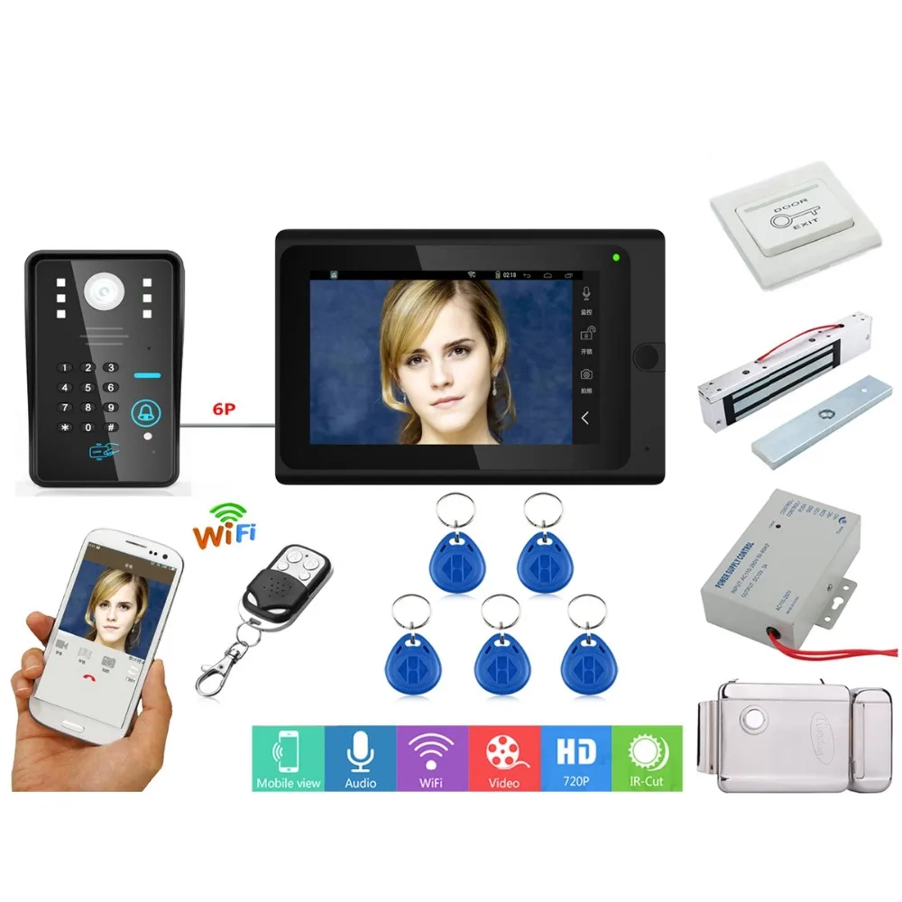 

Home set 7"Wired / Wireless Wifi RFID Password Video Door Phone Doorbell Intercom System Support Remote + Electric Strike Lock