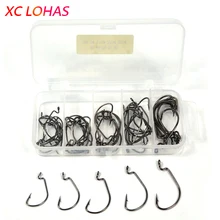 50 Pcs/Box High Carbon Steel Overturned Fishhook 2# 1# 1/0# 2/0# 3/0# Sharp Barbed Stainless Fishing Hooks+ Plastic Tackle Box