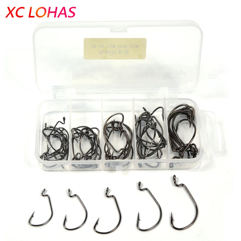 

50 Pcs/Box High Carbon Steel Overturned Fishhook 2# 1# 1/0# 2/0# 3/0# Sharp Barbed Stainless Fishing Hooks + Plastic Tackle Box