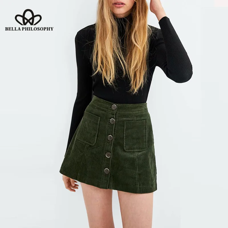 

Bella Philosophy 2018 Vintage Elegant Pockets Buttons Corduroy Mini Skirt High Waist A Line Streetwear Skirts Faldas Mujer