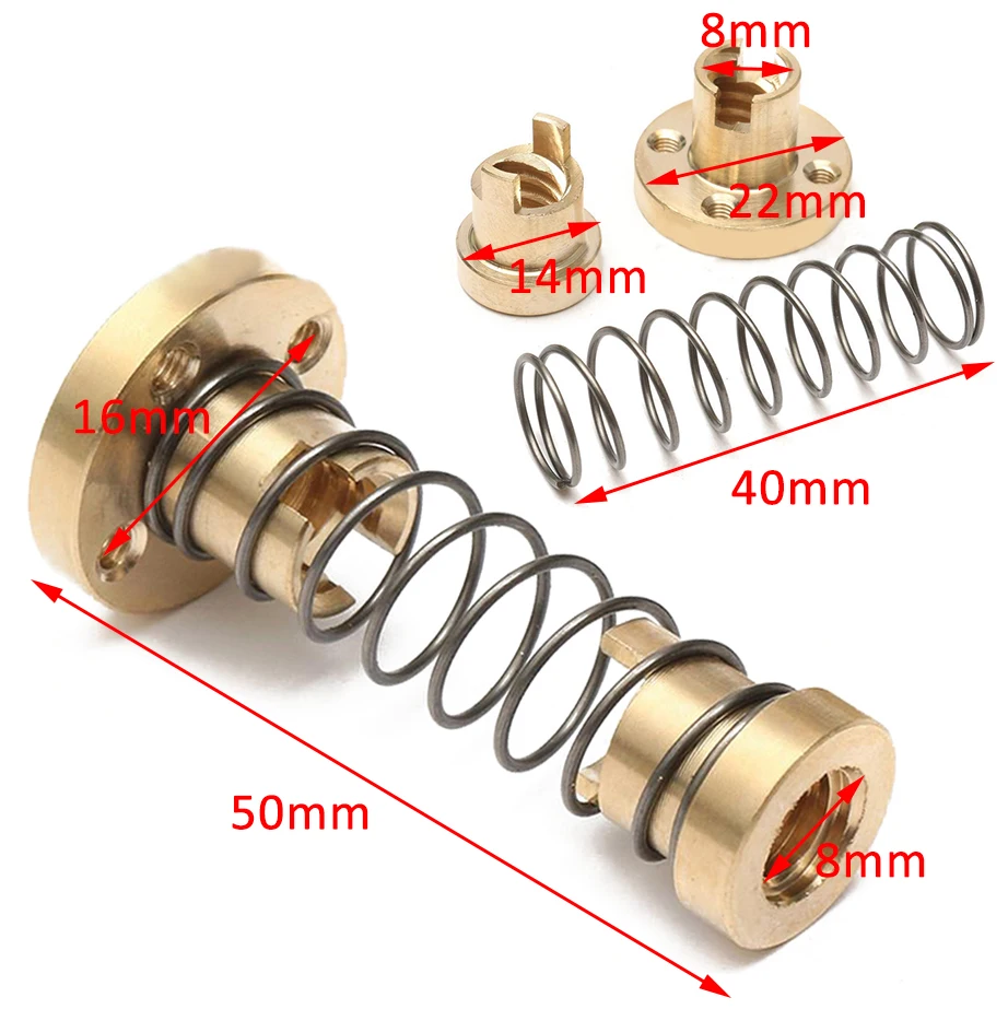 New T8 Anti-Backlash Spring Loaded Nut Brass Elimination Gap Nut For 8mm Threaded Rod Lead Screw 3D Printer Parts