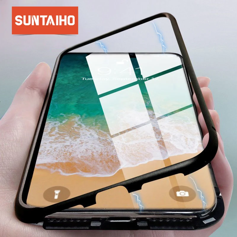 Suntaiho Ultra Magnetic Adsorption Phone Case For iPhone XS MAX R 8 7 6S Plus Coque Luxury Metal Magnet Back Glass Cover Fundas Suntaiho Ultra Magnetic Adsorption Phone Case For iPhone XS MAX R 8 7 6S Plus Coque Luxury Metal Magnet Back Glass Cover Fundas