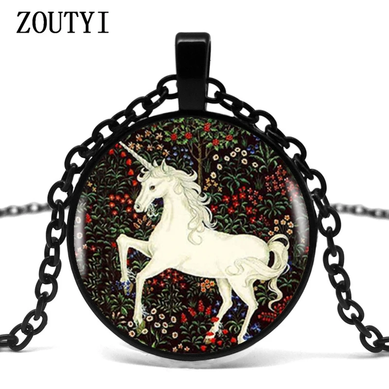

2018/ Unicorn Pendant Silver Bronze Black Necklace Art Painting Photo Glass Pendant Necklace.
