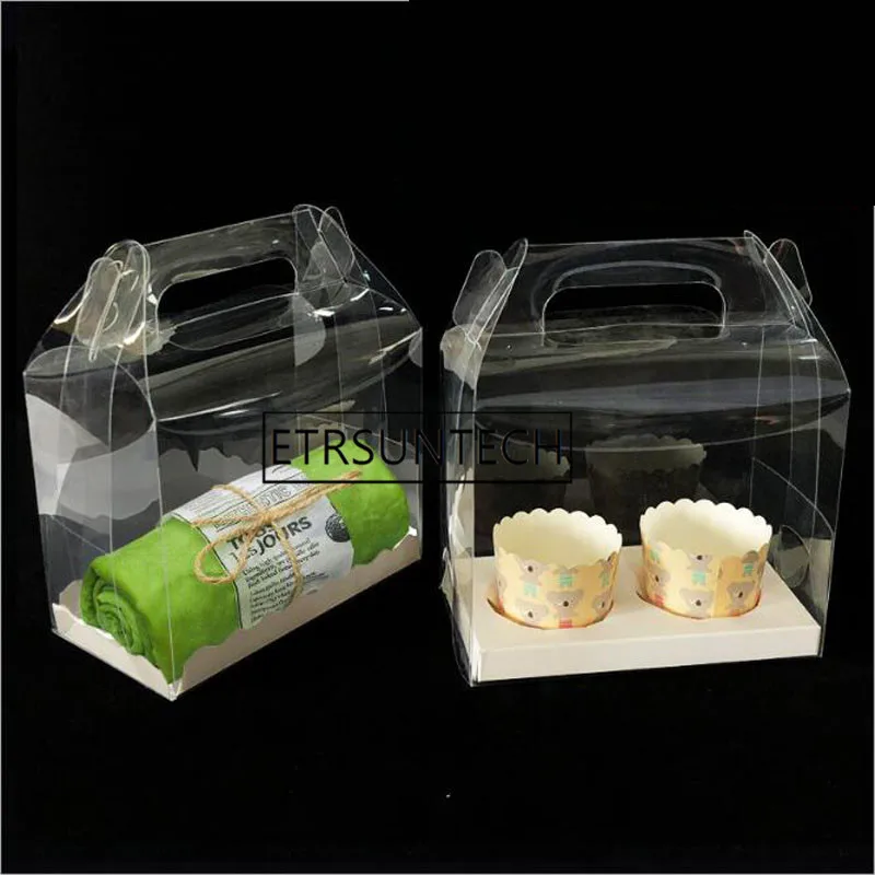 

100pcs Clear Plastic Box With Handle Wedding Gift Box Muffin Packaging Party Birthday Dessert Baking Package Cookies Cupcake Box