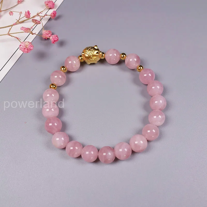 

2019 New Natural Madagascar Rose Quartz Bead Bracelet Golden Plated 999 Silver Sterling Pig Bracelets For Women Jewelry