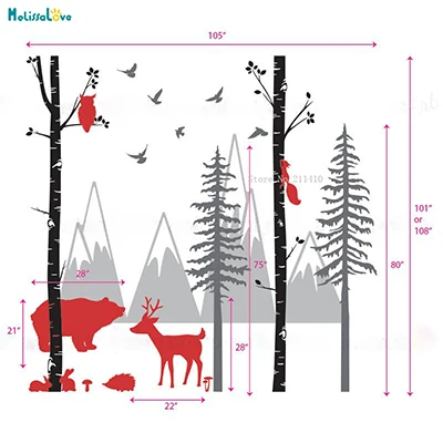 257 см высокий лесной наклейка с видом гор домашний декор для детей Детская комната наклейки с животными на стену березы на заказ детский медведь искусство MB055 - Цвет: color 4