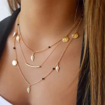

Gold Color Leaves Layered Choker Necklace for women Long Moon Tassel Pendant Chain Necklaces & Pendants Chokers Fashion Jewelry