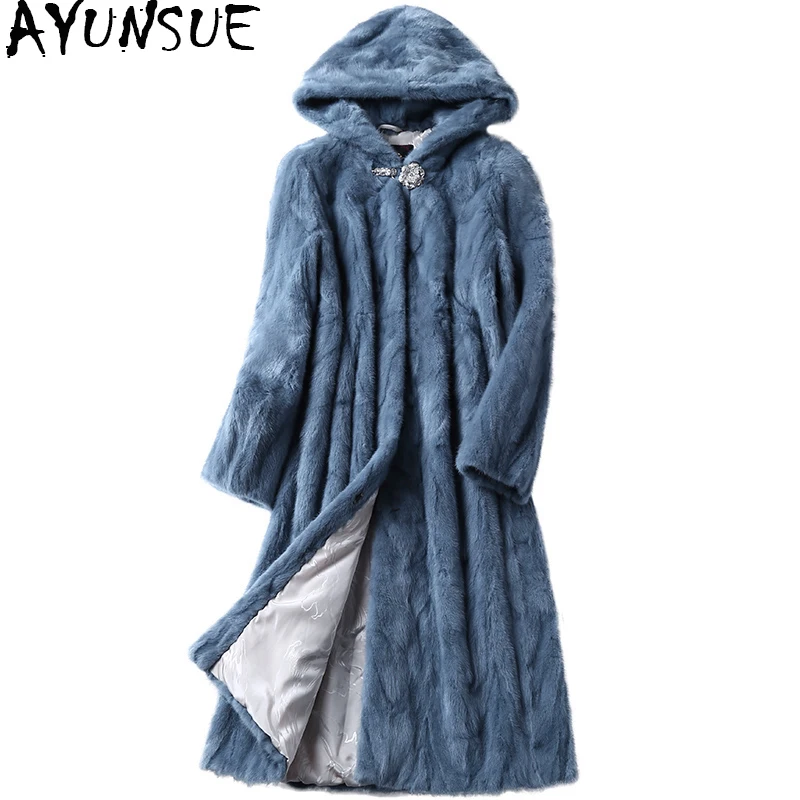 AYUNSUE manteau en vraie fourrure de vison pour femme, Long manteau d