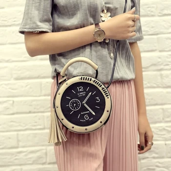 

HANSOMFY Leather Shoulder Messenger Bags Clock Models Famous Cartoon Round Style Fashion Popular Crossbody Tassel Hot Sale X1-37
