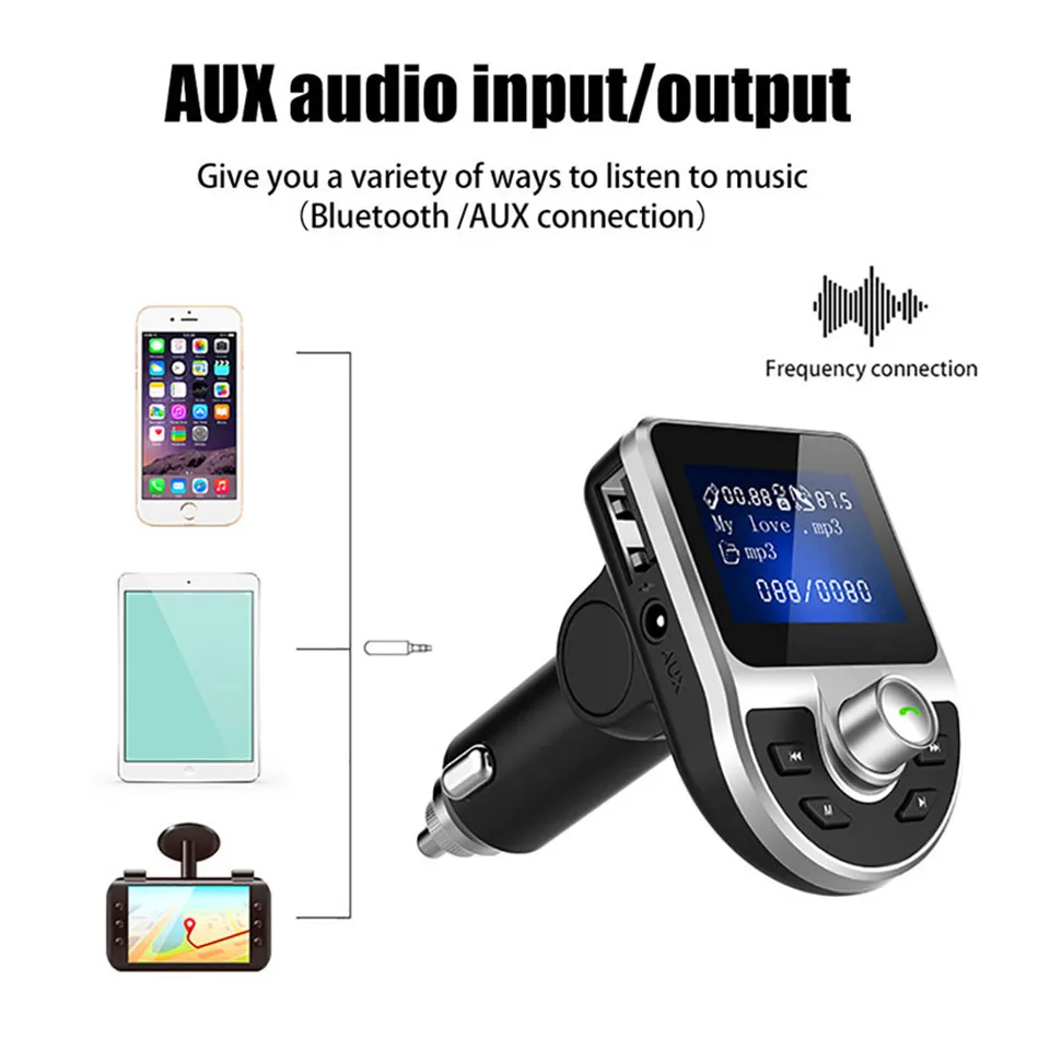 Cunymagos Wireless Car FM Transmitters Bluetooth Audio Aux Modulator Handsfree Car Kit 3.5mm jack Dual USB Car MP3 Player with Car Charger (2)