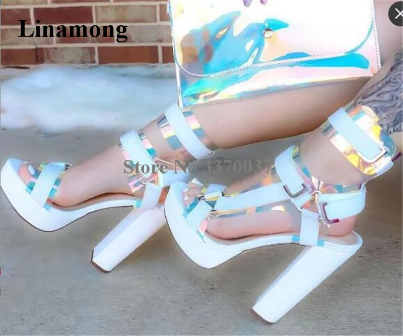 New Fashion Women Bling Bling Shining PVC High Platform Sandals Ankle Strap Buckles Patchwork High Heel Sandals Brand Heels