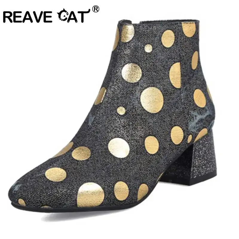 

REAVE CAT Shoes Women Ankle Boots Round Toe Denim shoes Thick Heel Polka Dot Solid Boots Zipper Botas feminino mujer A1118