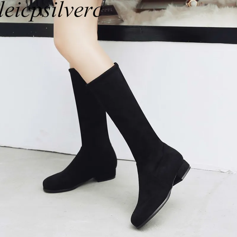 

Women's Boots Med Heel Warm Round Toe Knee High Elastic Mid Two Women's Boots Slip on 2018 New Sexy Fashion Black Big Size 34-48