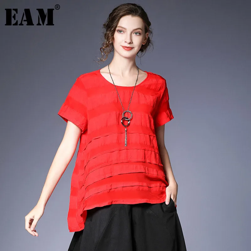 [EAM] 2019 Новый Весна Лето круглый вырез короткий рукав красный полосатый Layes нерегулярный подол большой размер футболка женская мода прилив