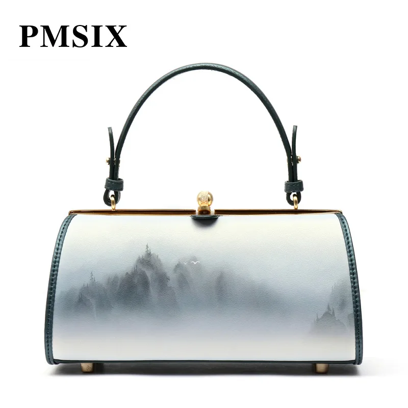 

PMSIX Women Handbags Split Leather Floral Printed Shoulder Bag Female Hasp Fashion Small Handbags for Ladies Bolsa Feminina