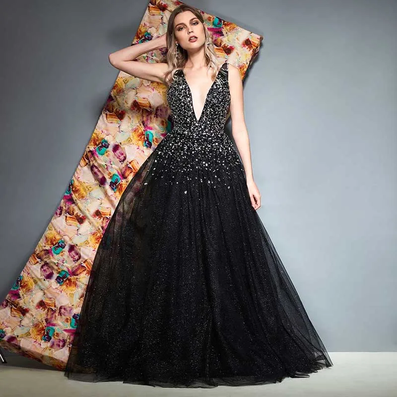 

Tanpell v neck evening dress black beading sleeveless floor length a line gown women party formal customed long evening dresses