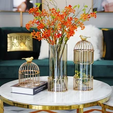 Современные креативные металлические стеклянные птицы цветы ваза домашний декор ремесла украшения комнаты предметы гостиной ваза офисная клетка украшения