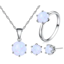 Круглый белый опал 925 серебряные Свадебные Ювелирные наборы для женщин ожерелье кулон серьги кольца, подарок на Рождество