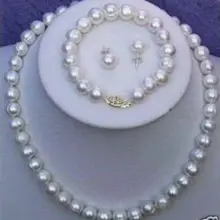 8-9 мм Настоящее Белый культивированный жемчуг Цепочки и ожерелья комплект из браслета и серег 1"+ 7,5"