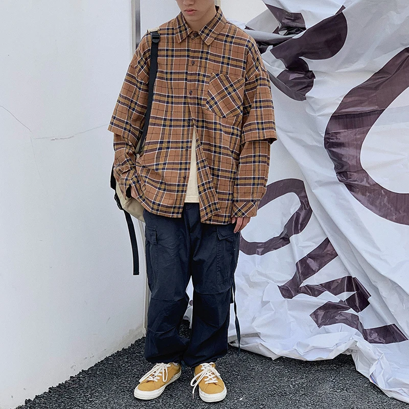 

2019 Spring And Autumn New Japanese Retro Tide Male Loose Long Sleeve Fake Two-piece Plaid Shirt Yellow / Green M-2XL