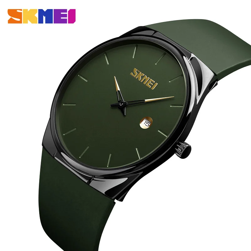 SKMEI Simple Design Quartz Watch Fashion Men 3bar Waterproof PU Strap Small Dial Date Display Army Green relogio masc 1509 | Наручные