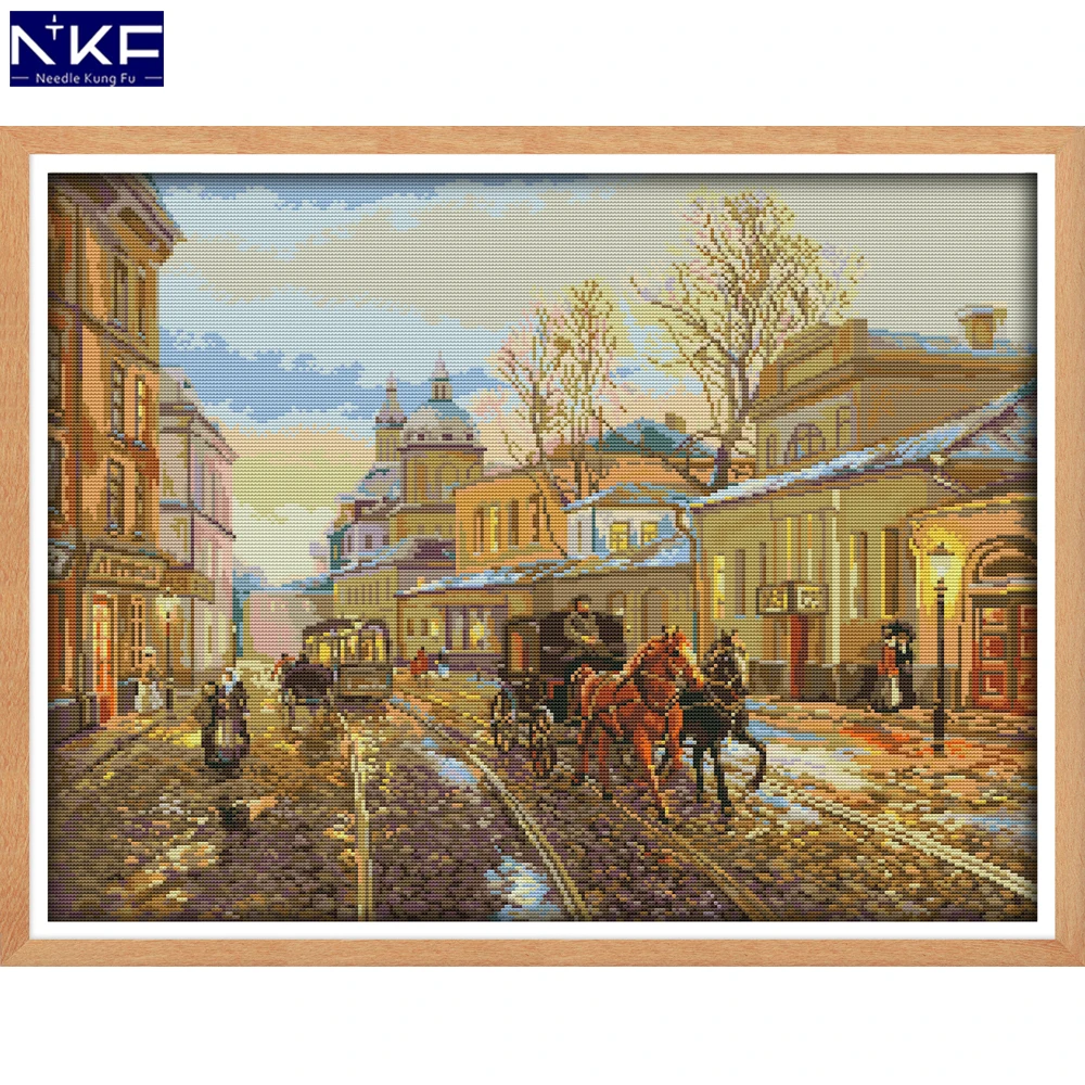 

NKF Street Views Stamped Cross Stitch DIY Kits Needlework Embroidery Set Chinese Cross Stitch for Home Decor