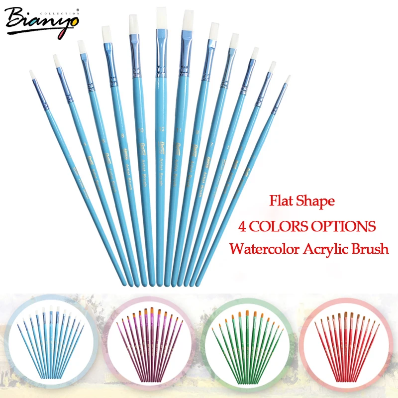 Koop Bianyo 12 stks platte vorm nylon haar 4 kleuren houten handvat penseel set voor art school aquarel acryl schilderen levert
