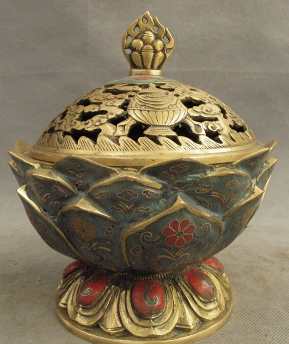 

S5327 Chinese Cloisonne Bronze Gilt 8 Auspicious Symbol Statue Lotus Incense Burner D0318