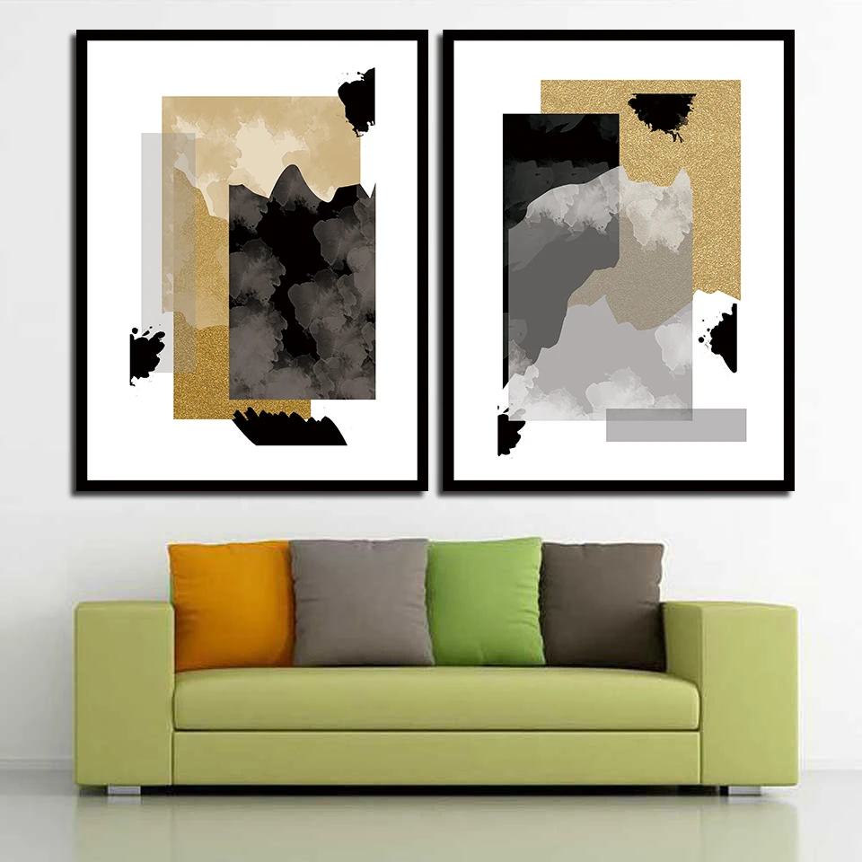 

Nordic Style A4 Art Print Poster Black Gold Abstract Geometric Painting Living Room Smoke Cloud Wall Pictures Fashion Home Decor