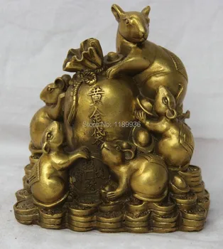 

6" Chinese Fengshui Brass Five Zodiac Year Mouse Money Bag Wealth Rich Statue