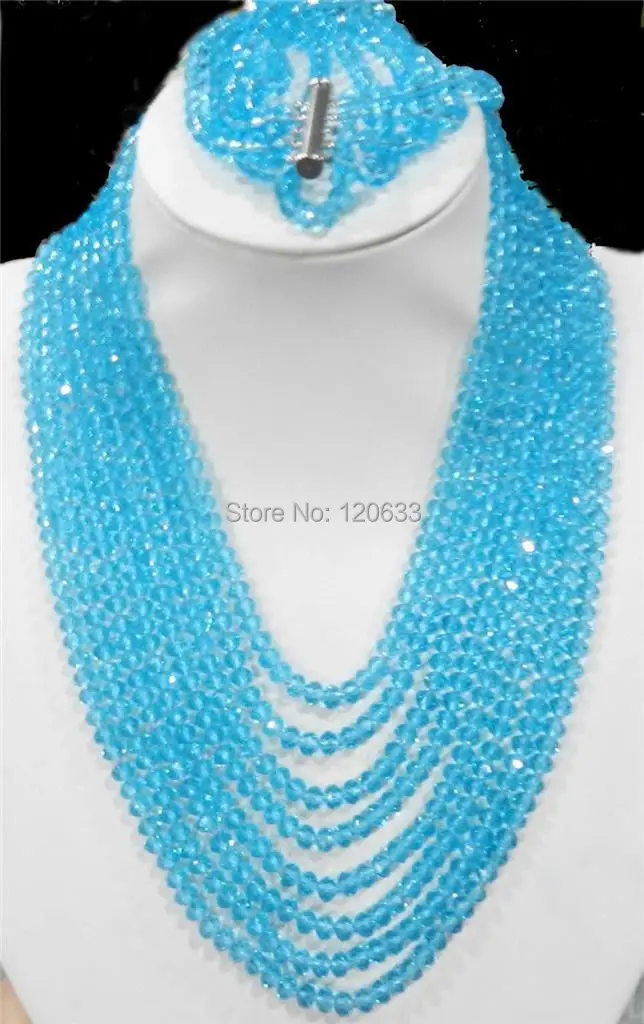

women's jewelry 8 rows jewelry blue Crystal beads necklace, 5 rows Bracelet sets AAA Silver hook.. shipping silver-jewelry