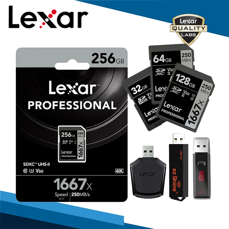 Lexar 250 МБ/с. 1667x U3 Class 10 SDXC карты 64 Гб 128 256 250 МБ/с. карта памяти 32Гб SD UHS-II флэш-карта памяти для 3D 4K цифровой Камера