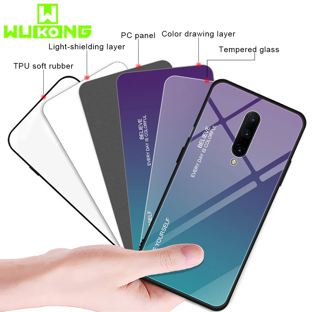 

WuKong Glass Case Back Cover For OnePlus 6T Silicone Frame Hard Glass Back For Oneplus 7 Pro Cover 1+7 pro Tempered Glass Case
