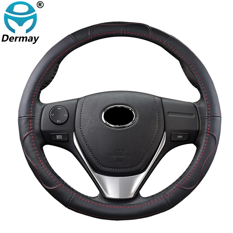 

DERMAY 5 Colors Genuine Leather Steering Wheel Cover Head Layer Cow Skin Anti-slip for 37-38CM Auto Car Styling Steering-wheel