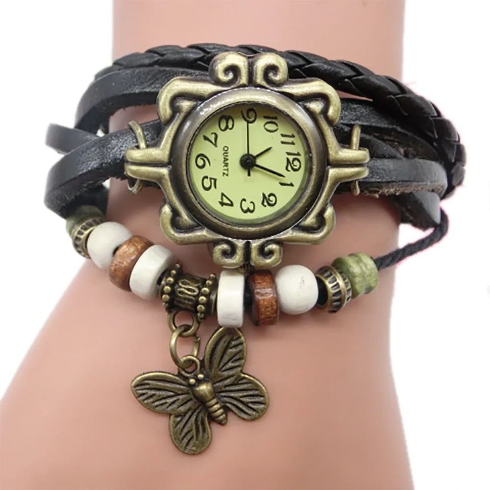 

Fashion Casual Women's Watches Retro Weave Wrap Ladies Bead Butterfly Dangle Bracelet Quartz Wrist Watch Clock reloj mujer