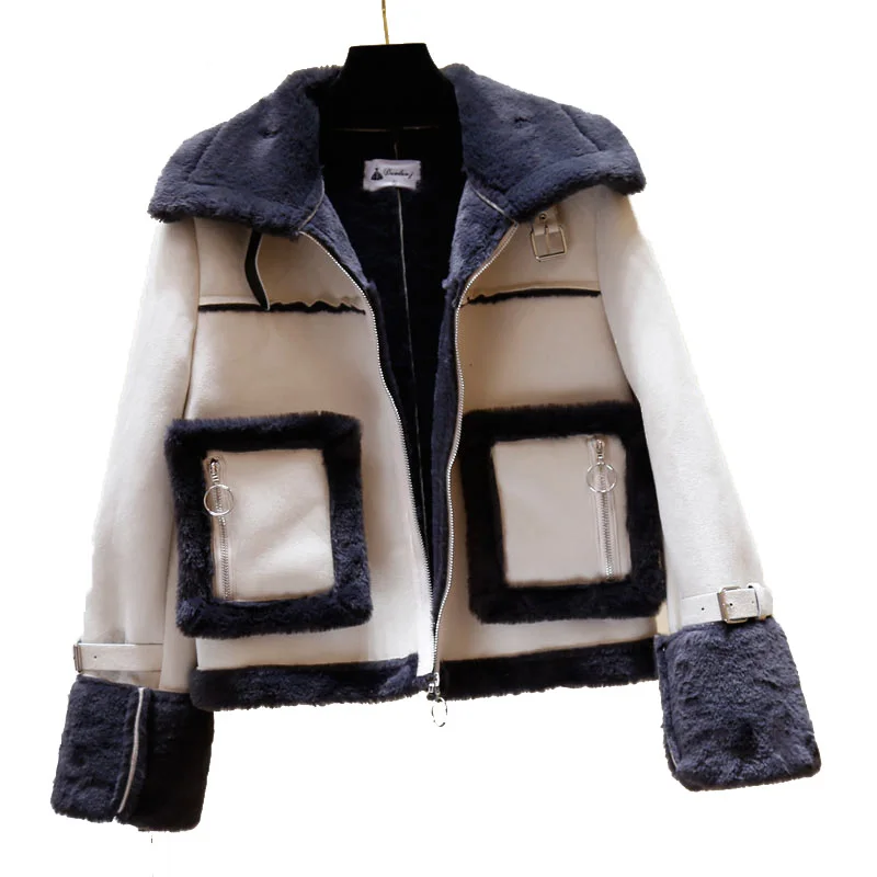 

Spring Female loose Suede Fur Winter Warm Jacket Big Pocket Patch Designs Fur Jacket For Women Casual Harajuku Motorcycle Coat