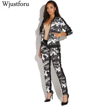 

Wjustforu Printed Camouflage Tracksuit Women Casual Zipper Coat + Bodycon Pants Elegant Fashion Two Piece Set Long Sleeve Slim