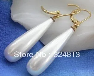 

Rare Beautiful White Shell pearl long Teardrop Gold color hook earring #1371
