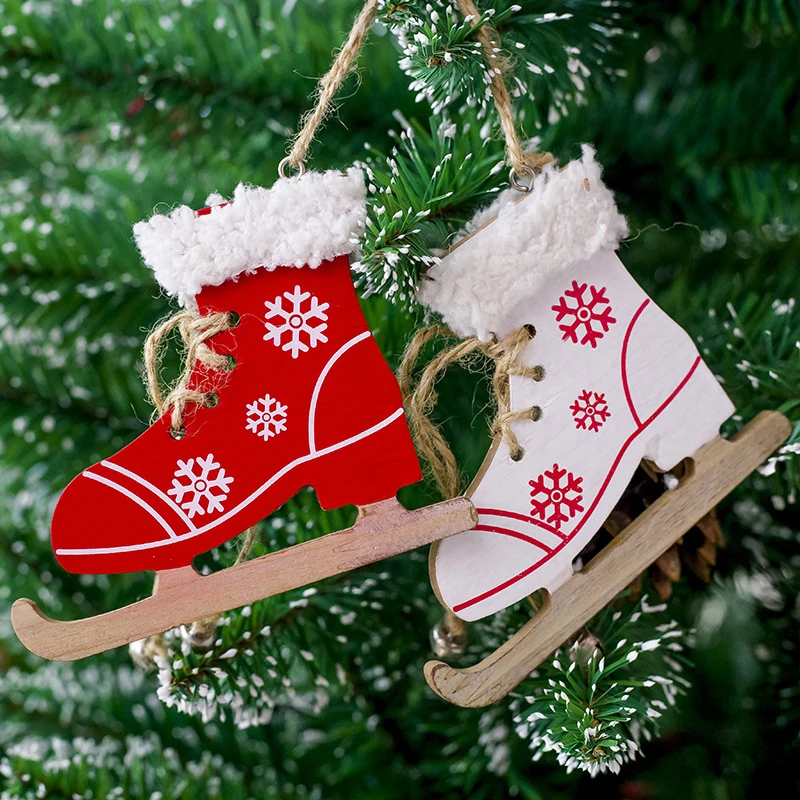 

New Wooden Skate Shaped with Bell Christmas Hanging Ornament Christmas Tree Decoration Red White Snowflake Kids Gifts