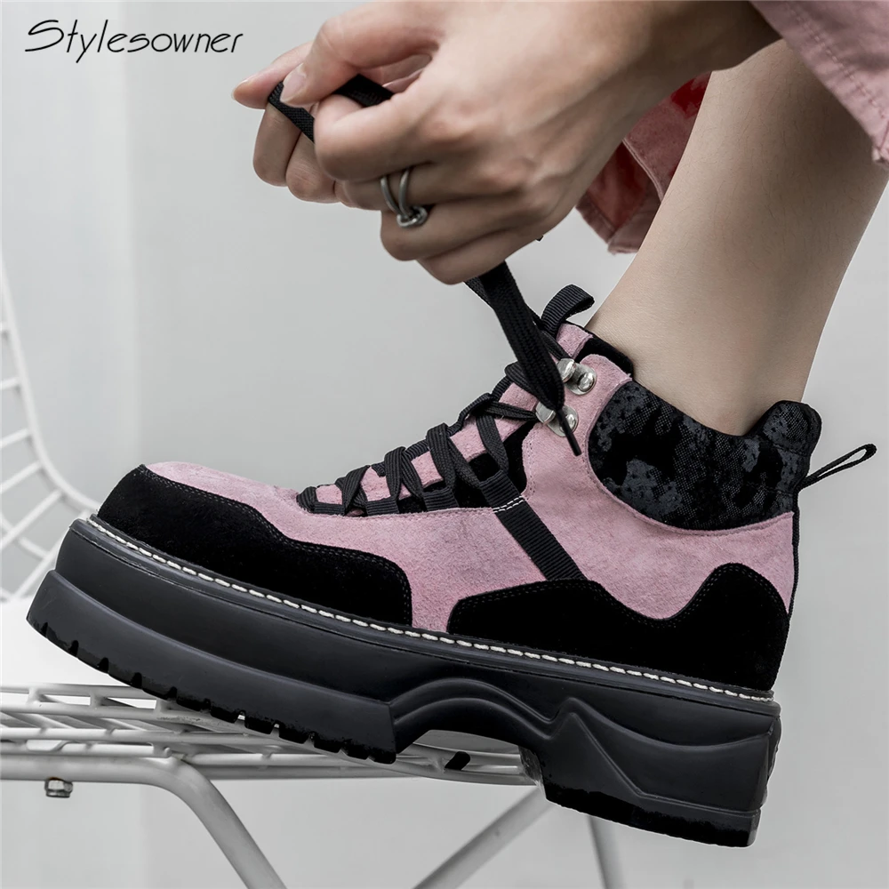 

Stylesowner 2018 New Arrival Platform Heel Sneaker Shoes Lace Up Patchwork Real Suede Leather High Top Thick Sole Fashion Shoes