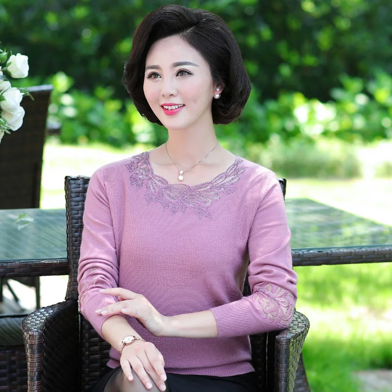 

Autumn Winter Sweater Middle Aged Women O-Neck Long Sleeve Loose Pullovers Solid Jumper Knitted Basic Sweaters Plus Size 4XL