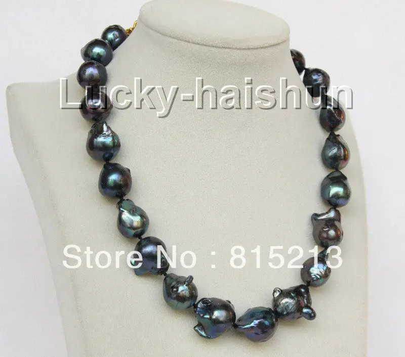 

FREE SHIPPING>>>@@ > N1160 17.5" 20mm Baroque black Reborn keshi pearls necklace dragon clasp