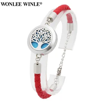 

316l Stainless Steel Magnet Genuine Red Leather Tree of Life Diffuser Bracelet Camo Essential Oil Perfume Locket Bracelet